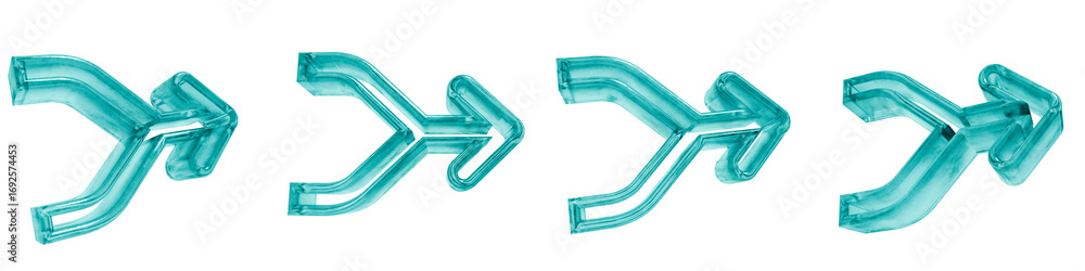 Poster set of four 3d combine merge arrow outline shapes in frosted blue ice glass style, isolated on a tra