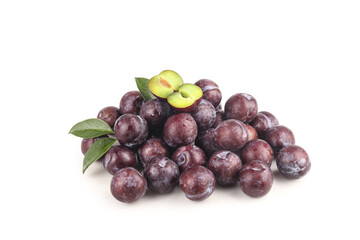Fresh Red Plums with Green Leaves on White Background