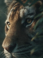 Cinematic Portrait of Siberian Tiger Hidden in Jungle Foliage
