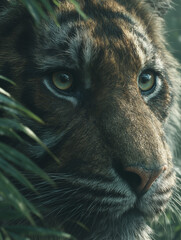 Hidden Siberian Tiger Watching Through the Jungle Leaves