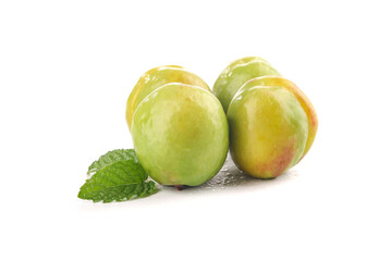 Fresh Green Plums with Mint Leaf Isolated on White Background