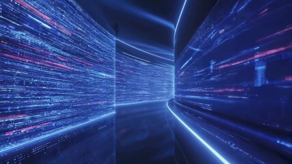 An endless hi-tech neural highway tunnel deep royal blue, binary codes electrical circuit veins. tunnel walls matrix holographic 3D data blocks traveling digital brain’s synapses light flares cybernet