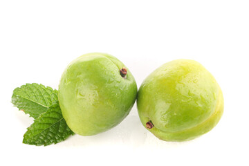 Fresh Green Apricots with Mint Leaf on White Background