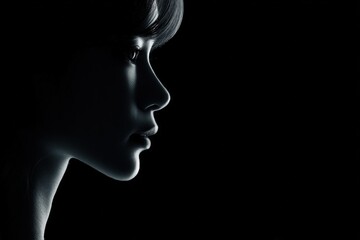 Elegant young woman profile portrait with dramatic rim lighting on black background