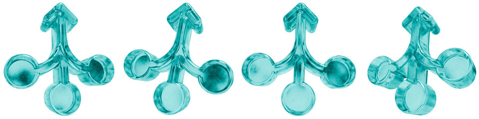 Set of four 3D consolidation arrow solid shapes in frosted blue ice glass style, isolated on a transparent background. Glassmorphism icons and 3D elements for modern graphic design.