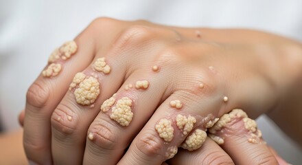 Human hands affected by verruca vulgaris skin condition.