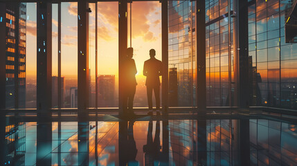“Corporate Leadership Silhouettes – Business Executives Overlooking City Skyline at Sunset