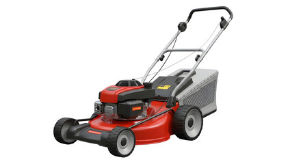 Fototapeta premium Red gasoline powered lawnmower with grass catcher isolated on black background studio shot.