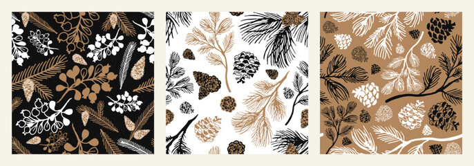 A collection of winter, botanical seamless patterns with pine branches and cones, forest berries. Black, gold and white.