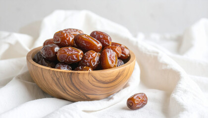 Close-up shot of a wooden bowl filled with delicious, ripe dates, with one date lying separately.