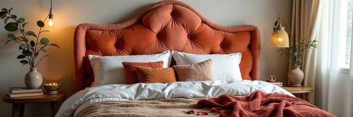 Cozy bedroom featuring a headboard crafted entirely from plush cushions, offering a unique and comfortable design element Perfect for a bohemian or eclectic style , restful, retro