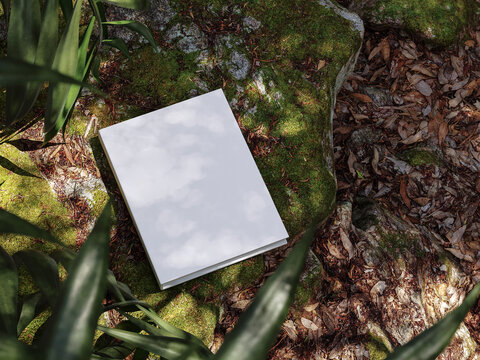 Blank book model on mossy rock, notebook mockup, mockup on nature background