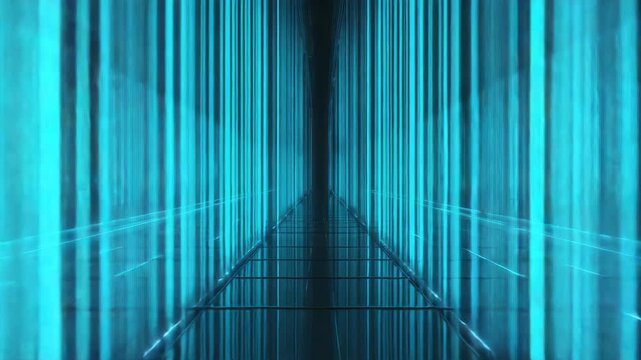 A dark 3D futuristic corridor endless glowing royal blue gridlines, binary codes rain vertical columns walls floor reflects codes digital infinity tunnel heartbeat global supercomputer. hi-tech VJ bg
