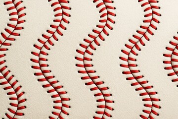 Abstract pattern of red baseball stitching on light textured leather background forming wavy vertical lines in seamless repeating layout. Ai generative