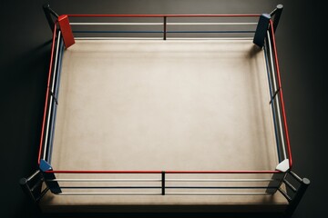 Empty boxing ring with red and blue corner pads viewed from above under dramatic lighting on a dark background. Ai generative. Ai generative