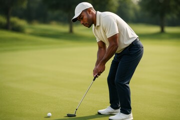 Focused golfer lining up a putt on lush green course in natural light with blurred background on a calm day during summer season. Ai generative. Ai generative