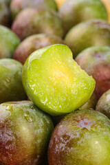 Fresh Green and Red Plums Cut in Half Showing Sweet Juicy Flesh