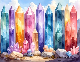 Colorful crystals against a backdrop of mountains