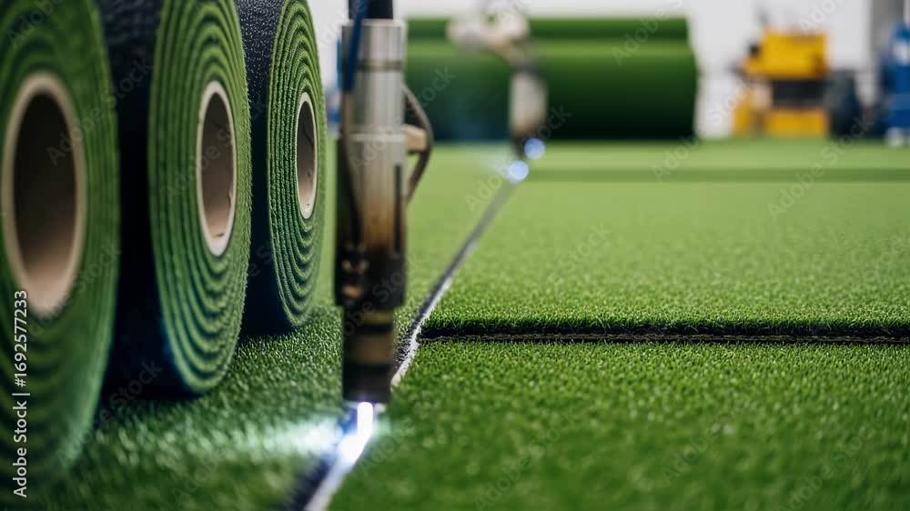 Poster concept showing synthetic turf crossseam welding from raw material alignment to finished joined surf