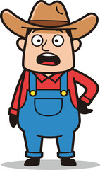 Cartoon farmer, surprised expression, agriculture, character design, rural life, farming, emotion, illustration, overalls, hat, gloves, storytelling, harvest, garden, outdoor, colorful, educational, 
