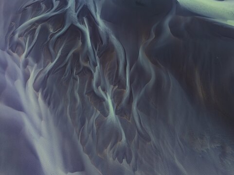 River, river course, river delta, water flows, structures, sediments, aerial view, summer, South Iceland, Iceland