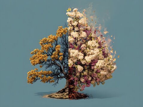 Tree split into four seasonal parts surreal conceptual artwork