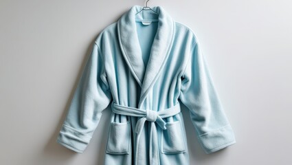 A light-blue terrycloth bathrobe hangs, showcasing soft texture and simple elegance.