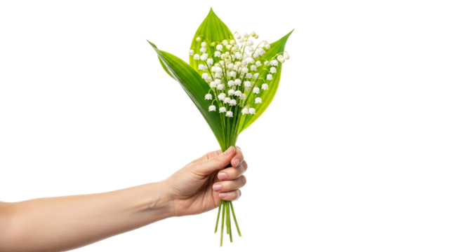 a hand offering lily of the valley delicate spring bouquet, symbol of purity and sweetness, isolated on transparent background
