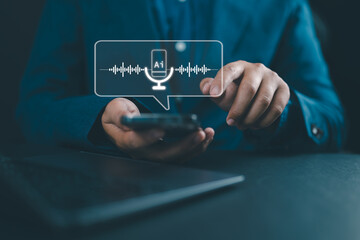 AI voice assistant technology concept. Businessman using speech recognition on smartphone with virtual microphone icon and soundwave. Future of mobile AI interface.