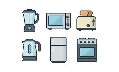 Set of flat kitchen appliances with outline style
