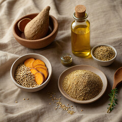 Rustic arrangement of hemp flour in a small ceramic bowl, scattered hemp seeds on a wooden table, and a glass bottle of golden hemp oil with cork