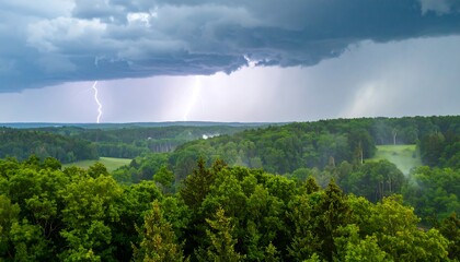 Stormy landscape view over lush forests