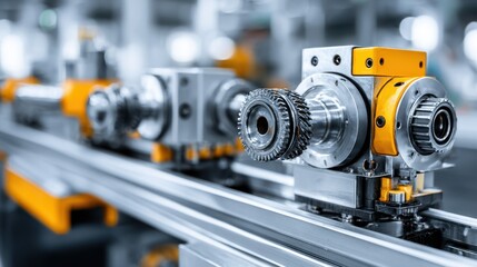 Closeup medium shot of an automated track system moving heavy components along a production line highlighting the sleek mechanical parts with a blurred industrial background.