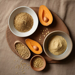 Rustic arrangement of hemp flour in a small ceramic bowl, scattered hemp seeds on a wooden table, and a glass bottle of golden hemp oil with cork