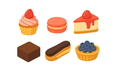 Glossy isometric desserts collection with cupcake macaron cheesecake and more