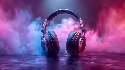 Stylish Headphones Glowing With Colorful Smoke and Vibrant Lighting