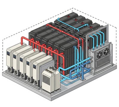 A detailed diagram of a battery energy storage system (BESS). This illustration shows the complex network of battery modules, inverters, and the liquid cooling system for large-scale energy storage.