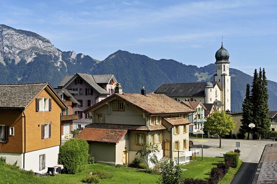 View of the village with the parish church of St Michael, Seelisberg, Canton, Uri, Switzerland
