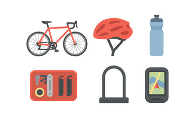 Cycling essentials: neon flat designs of bike gear and accessories