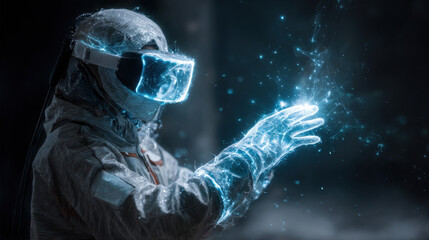 Futuristic welder in vr headset working with glowing holographic interface technology
