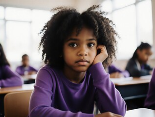 child in classroom feeling isolated and misunderstood by peers | education, childhood, society, psychology, tolerance theme