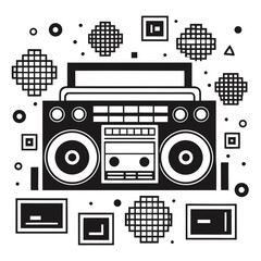 Obraz premium Retro boombox surrounded by pixelated geometric shapes vector