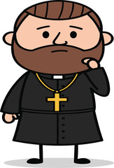 Cartoon priest character, Christian clergyman illustration, religious figure, beard, cross necklace, black robe, thoughtful pose, isolated white background, vector art