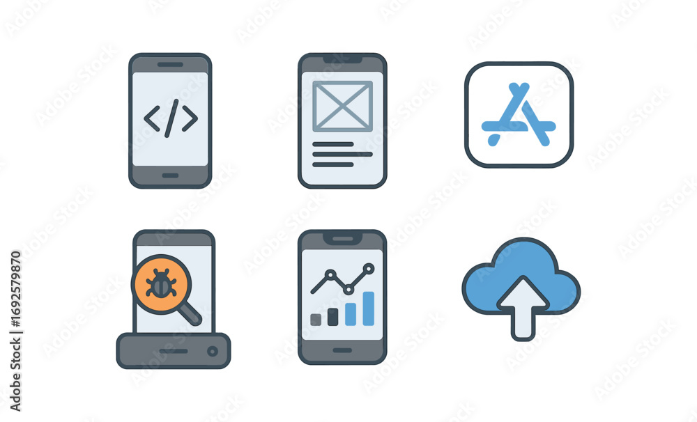 Aufkleber mobile development icons set: modern gradient style for app design