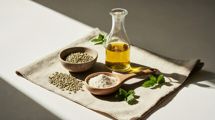 Hemp Seeds, Flour, and Oil in Wellness Kitchen Setting