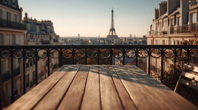 Empty wooden table on balcony with Eiffel Tower view at golden hour Paris skyline