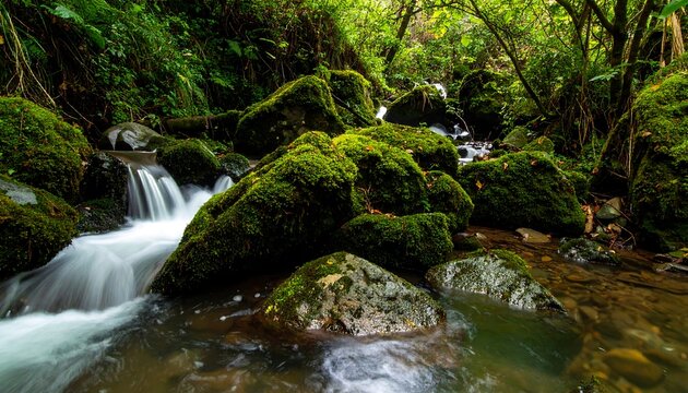 Lush stream cascading over mossy rocks in a dense forest