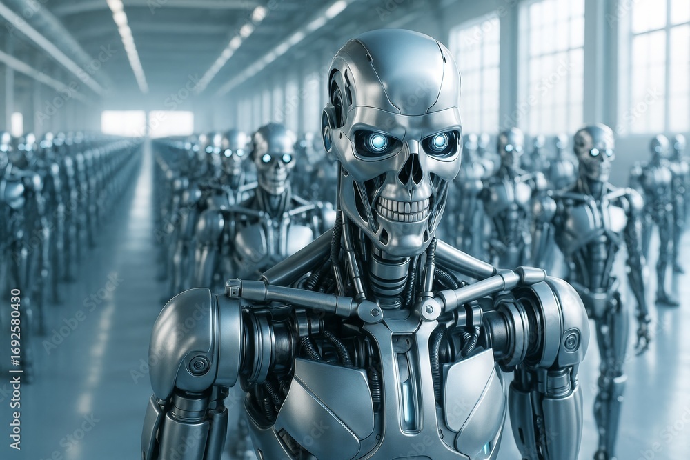 Poster futuristic humanoid robots with glowing eyes in a factory assembly line, showcasing advanced tech in