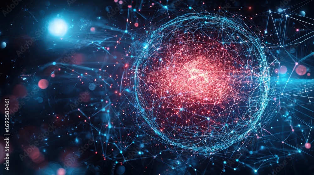 Poster sphere emitting red and blue light representing advanced technology and innovation in quantum sensin