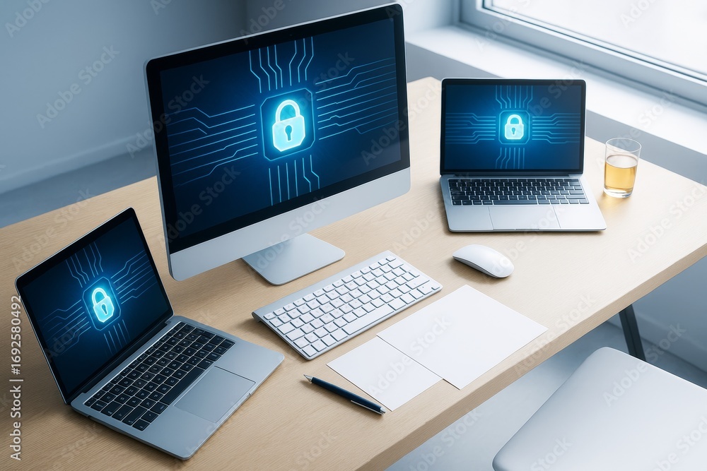 Poster cybersecurity concept with lock icons on screens of desktop and laptops on modern office desk in bri